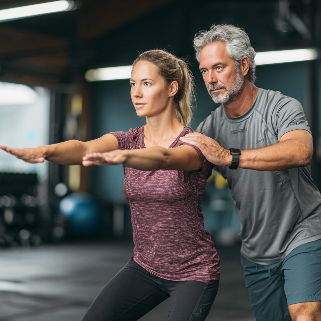 Active middle-aged person demonstrating exercise routine with professional guidance