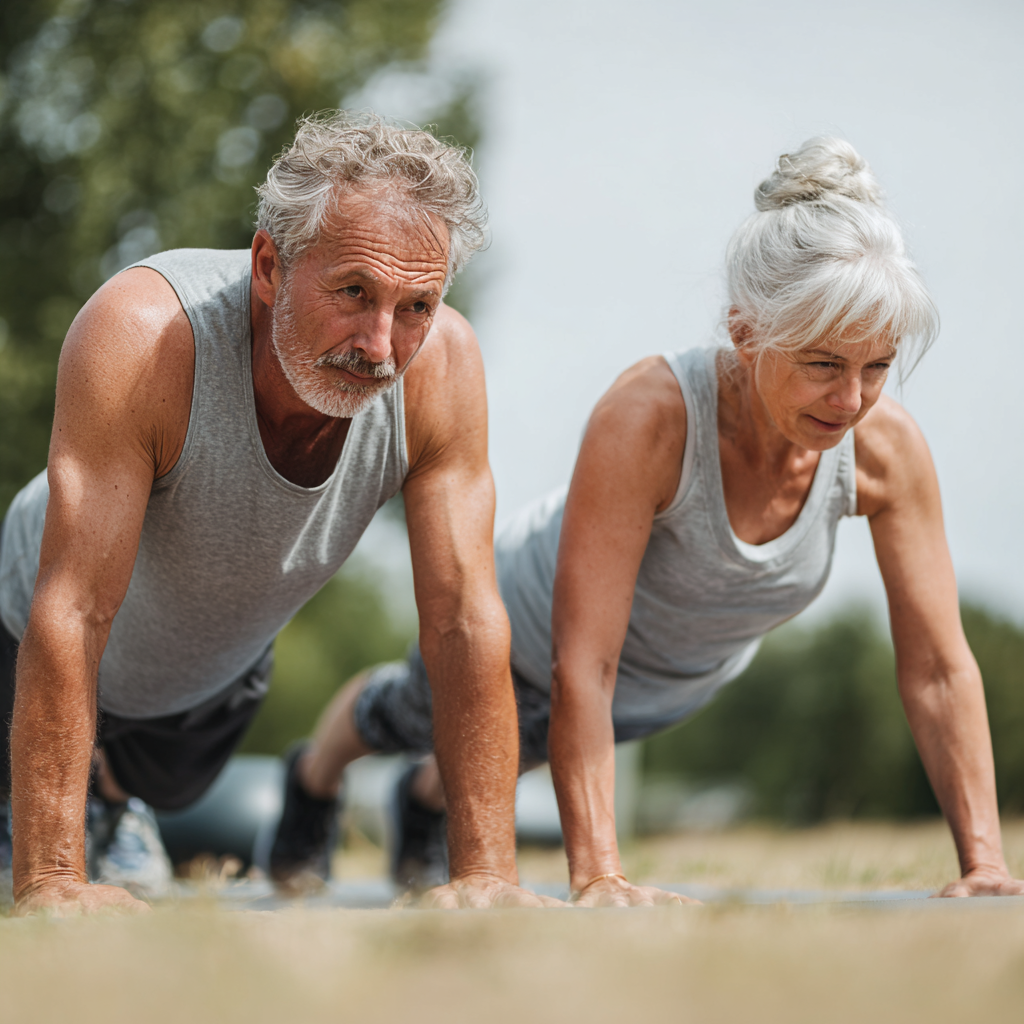 Mature adults practicing functional fitness exercises in natural outdoor setting